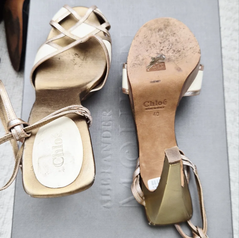 Chloe Metallic Strappy Heels - Cream and Tan - Picture 2 of 7